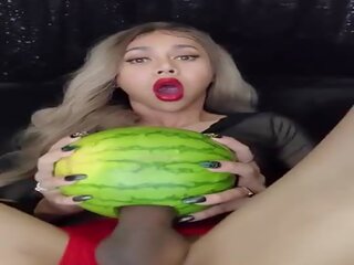 Longmint destroy a watermelon with her monsterdick
